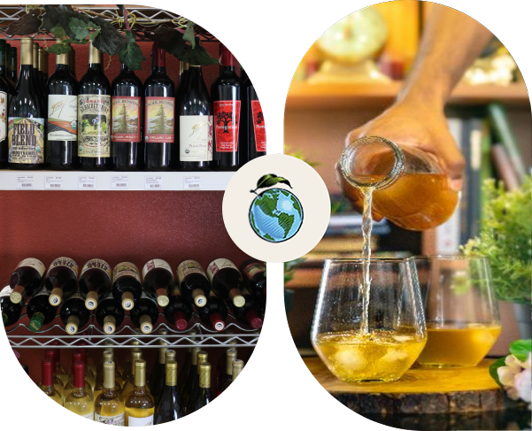 Wine bottles and pouring white wine into a glass.