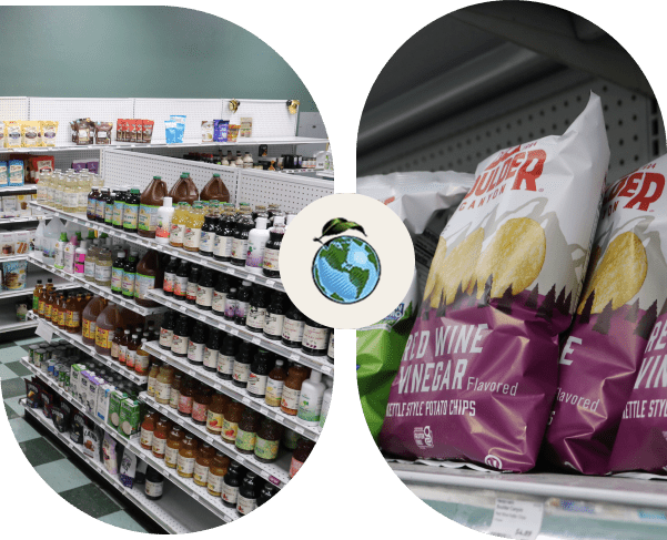 Grocery store shelves stocked with various products and popcorn bags.