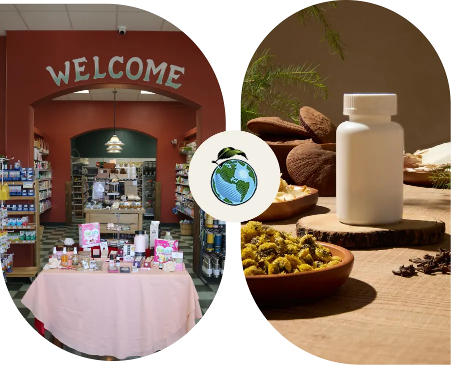 A welcoming store entrance with a display table of health products.
